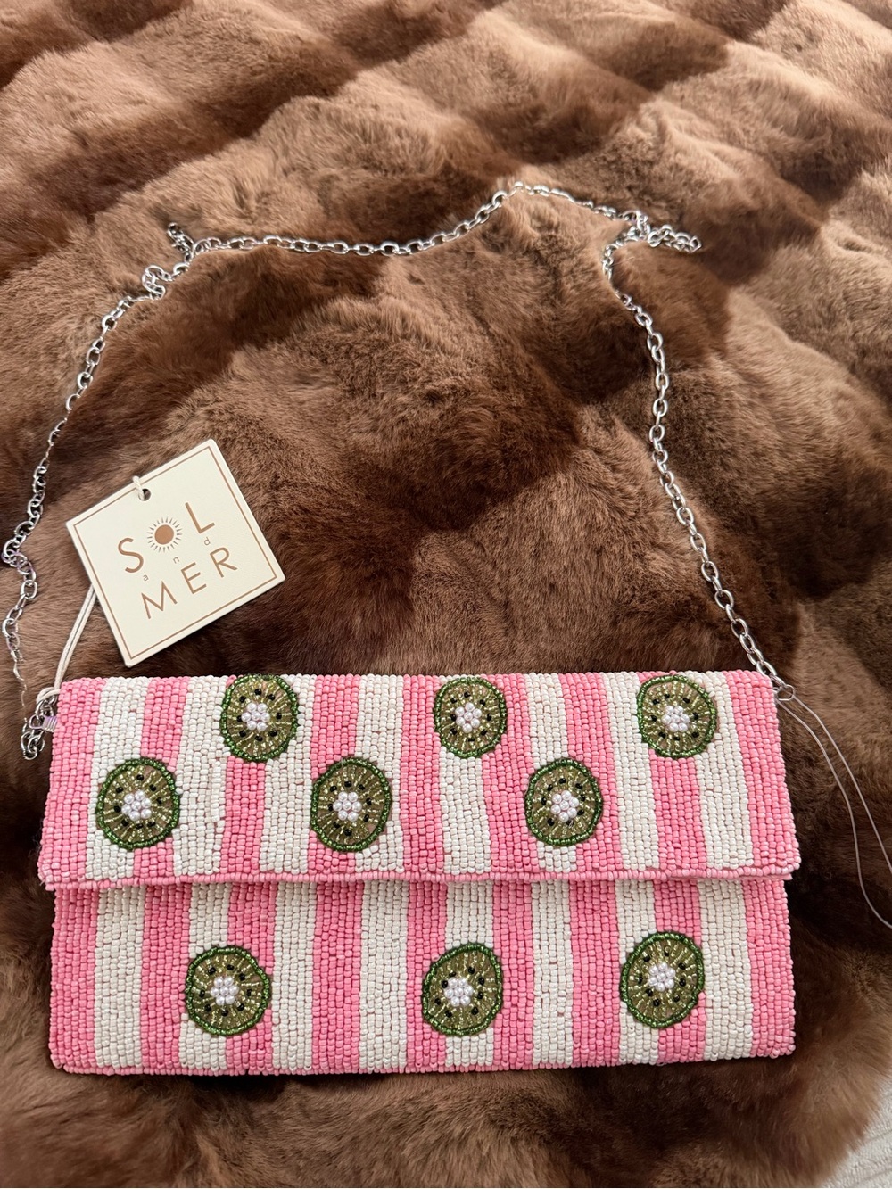 Sol & Mer Pink and White Kiwi Beaded Stripe Clutch Purse Removable Strap NWT